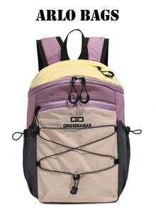 Letter Embroidered Patchwork Backpack With Quick Drawstring Detail, Wear-Resistant Nylon Casual Backpack For Campus Daily Outdoor Activities - Purple - View 4