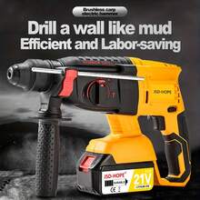 JSD-HOPE 21V Cordless Brushless Impact Drill, 4.0Ah Battery, 3-Mode Function, Rotary Drill Bits Set, Auxiliary Handle, Stepless Speed, Multifunctional Electric Hammer For Home Concrete & Renovation - US A Type Plug(110-127V) - View 2