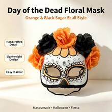 1pc Sugar Skull Mask For Day Of The Dead, Decorated With Orange And Black Artificial Roses, Glitter And Rhinestones, Half Face Mask For Halloween Costume Party, Mexican Day Of The Dead Women's Party Accessory - View 3