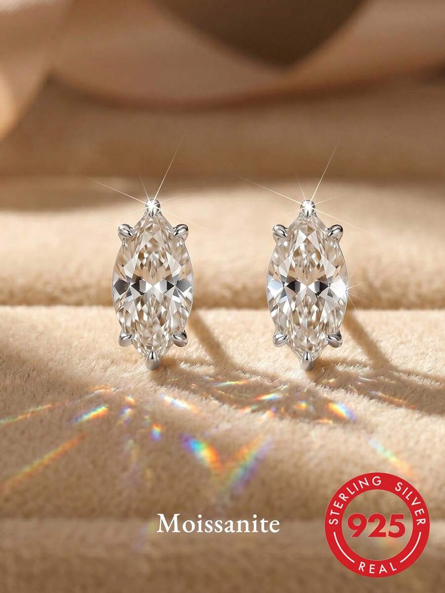 ORSA JEWELS 1對925銀14K金 0.3-1CT D色VVS級馬眼形莫桑石耳釘，經典珠寶，適合女性、男性生日派對與週年紀念