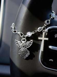 Vintage Silver Angel Cross Car Decor Chain Multi-Use Steering Wheel Wrap, Rearview Mirror Pendant Handbag Charm & Bracelet For Women Religious Auto Interior Decor - Angel - View 5