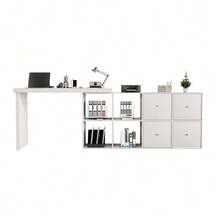 Corner Table, Tabletop Swivels 360° - Can Be Set Up In An L-Shape Or Straight Configuration, MDF, Tabletop And Legs Reinforced By 4 Cm, With 4 Compartments, 4 Drawers, Flexible Setup, Desk, Computer Desk - 白色 - 查看 5