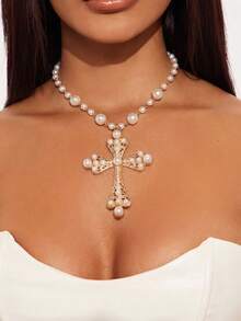 1 Stück elegante Damen Halskette mit Kunstperlen-Kreuzanhänger - sexy & modisch, geeignet für den täglichen Gebrauch und Partys, saisonales Accessoire - Halskette mit Kreuzanhänger aus Imitationsperlen - Übersicht 3