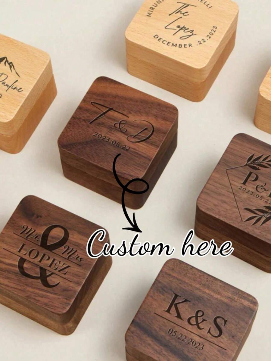 1pc Personalized Walnut Ring Box | Custom Wooden Engagement Ring Box | Engraved Ring Bearer Box | Proposal Box | Wedding Keepsake - Multicolor - View 1