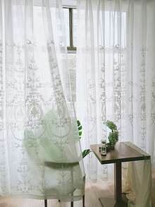 1pc White Floral Embroidered Sheer Curtain, Luxury Style Faux Linen Material Embroidered Sheer Curtain, Suitable For Living Room, Bedroom Windows And Door Decoration, Curtain Rod Not Included - White - View 9