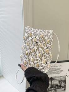 Spring New Women's Beaded Phone Bag, Highly Attractive Minimalist Woven Crossbody Bag For Vacation - White - View 5