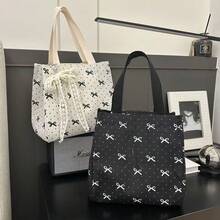 1pc/Women/Minimalist Style/Large Capacity/Fashionable Bag/Versatile Bag/Student Bag/Casual/Outing/Handheld/Commute/Lunch Box/Water-Resistant Bag/Canvas Material/Bowknot/ - View 9