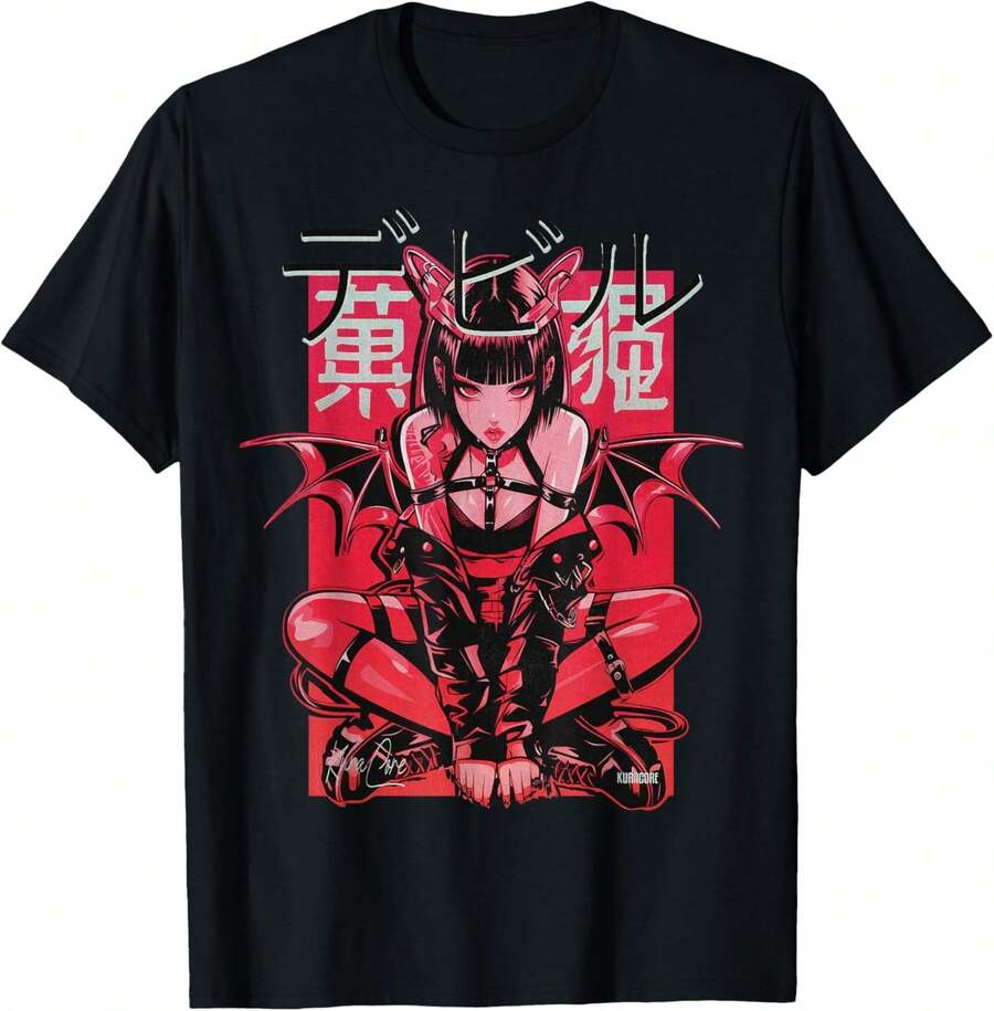 Y2K Cyberpunk Japan Anime Manga Techwear Graphic T-Shirt For Men, Loose Fit Cotton Streetwear Tee - Black - View 1