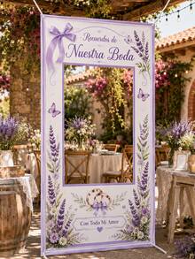 1pc Lavender Spanish Wedding Photo Booth Frame, Printed With Recuerdos De Nuestra Boda And Con Todo Mi Amor, Floral, Bowknot And Ring Patterns, Polyester Rectangular Hollow Background Cloth With 4 Metal Grommets, Suitable For Wedding Reception, Bridal Shower And Photo Decoration - Multicolor - View 6