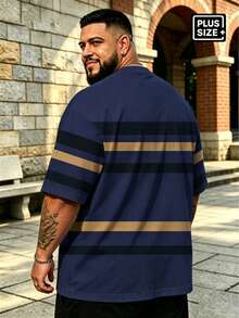 Plus Size Men's Navy Blue Base Black & Gold Contrast Wide Horizontal Striped Crew Neck Short Sleeve T-Shirt, Plus Size Men's T-Shirt Sports Summer - Royal Blue - View 2