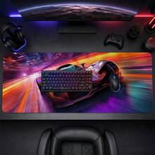 Colorful Beam Futuristic Supercar Large Gaming Desk Mat, Neon Speed City Print Non-Slip Rubber Extended Mouse Pad, Waterproof Long Keyboard Pad, Gaming Computer Desktop Decor - View 2