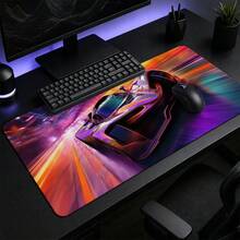 Colorful Beam Futuristic Supercar Large Gaming Desk Mat, Neon Speed City Print Non-Slip Rubber Extended Mouse Pad, Waterproof Long Keyboard Pad, Gaming Computer Desktop Decor - View 3