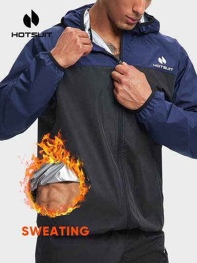HOTSUIT جاكيت تعرق الساونا للرجال، جاكيت رياضية بسحاب، ملابس رياضية للياقة البدنية