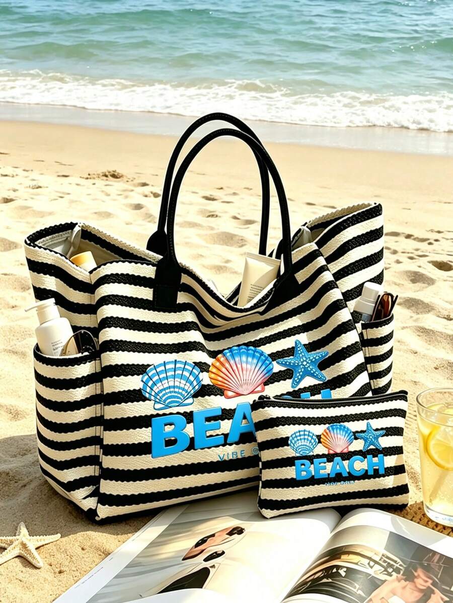 1/2 pièces/set Sac fourre-tout rayé & Sac de maquillage, motif imprimé "Plage", convient pour les vacances, les voyages, les trajets, les achats, cadeau pour la famille et les amis - Multicolore - Voir 1