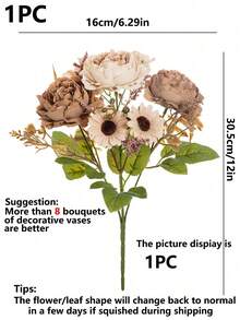 1/3/5/60pcs 12 Inch Artificial Peony Daisy Bouquet, Realistic Texture, Suitable For DIY Vase Floral Arrangement, Indoor/Outdoor Decoration, Home Decor, Wedding Decor, Table Decor, Autumn Decor - Brown - View 3