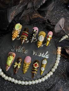 10 Peças Unhas Postiças Stiletto Feitas à Mão Totalmente Cobertas, Cores de Unhas Gengibre, Estilo Barroco Retrô Deslumbrante, Quatro Tamanhos para Escolher, Corrente 3D & Laço & Gema de Anjo, Adequado para Uso Diário, Festa de Meninas, Reutilizável, com Adesivo de Cola de Unha e Lixa de Unha - Gengibre - Visão 4