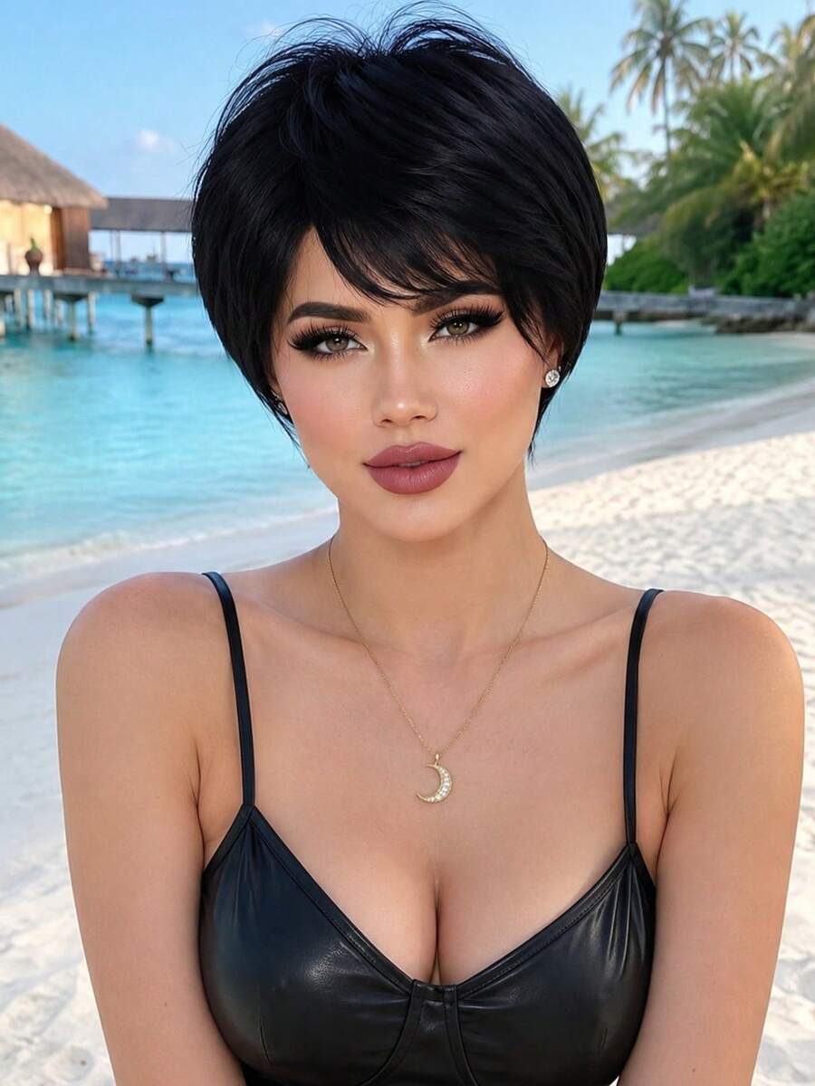10 Inch Short Straight Wig, Synthetic Fiber, Heat Resistant, Suitable For Women, Fresh & Natural, Versatile For Daily Wear - Black - View 1