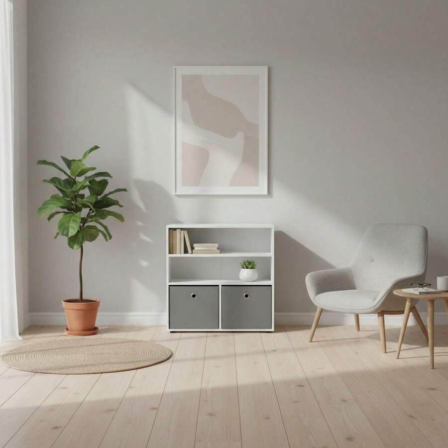 KIWI MOBLEKIT | Wooden Shelves For Storage And Decoration, Cube Or Rectangular Models With Door Or Drawer Options, Modern Auxiliary Furniture For Living Room, Bedroom Or Office - 三層書架 60x30x60 公分 白色和灰色 - 查看 1