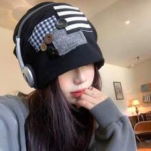 1pc Women's Vintage Patchwork Plaid & Striped Applique Loose Knit Hat, Button Decor, Soft Elastic Loose Fit Headscarf, Rock/Street/Fashion/Casual Hat - Multicolor - View 1