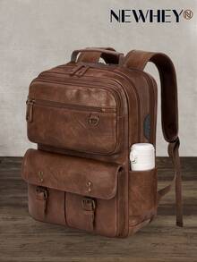 NEWHEY Professional Look Men's 15.6 Inch Computer Backpack, Travel Backpack With Headphone Port, PU Backpack, Men's Fashion Handbag, Work, Travel, College - Brown - View 8