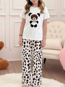 Cute Girls Spring/Summer White Teddy Bear Print Crew Neck Short Sleeve Top + Leopard Print Leggings 2 Pieces Pajama Set, Suitable For Daily Home Leisure - White - View 3