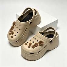 9cm Platform Wedge Clogs For Women, Simulated Rose Decor, Thick Sole, Breathable, 2-Way Wear, Non-Slip Beach Sandals - Khaki - View 2