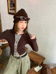新款女式冬季針織長袖聖誕Cosplay春/秋款簡約彈性條紋拼接收腰開襟上衣 女式秋季圓領長袖T恤 - 摩卡棕 - 查看 3