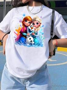 Disney Elsa & Anna & Olaf Print Casual Cotton T-Shirt, Breathable And Light, Suitable For Sports Leisure Wear, Suitable For Parties - 白色 - 查看 1