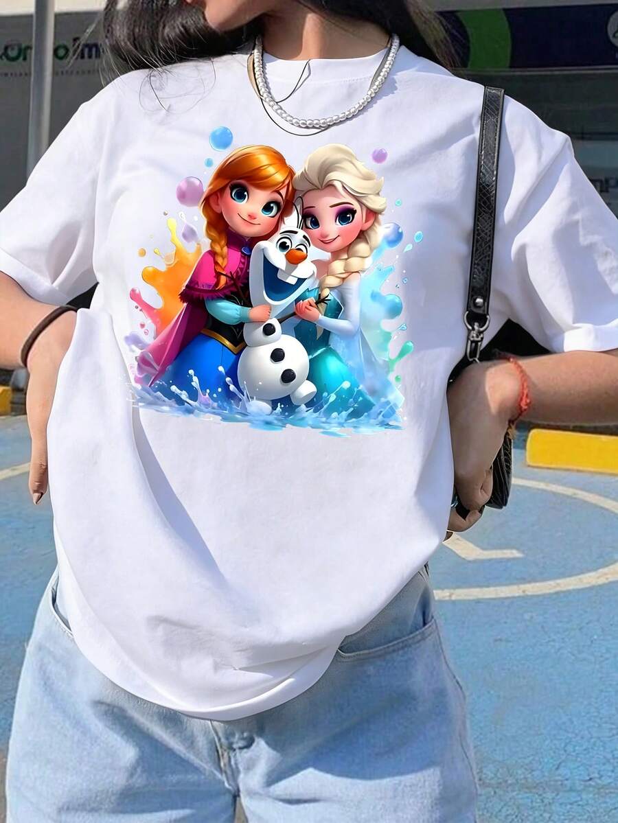 Disney Elsa & Anna & Olaf Print Casual Cotton T-Shirt, Breathable And Light, Suitable For Sports Leisure Wear, Suitable For Parties - 白色 - 查看 1
