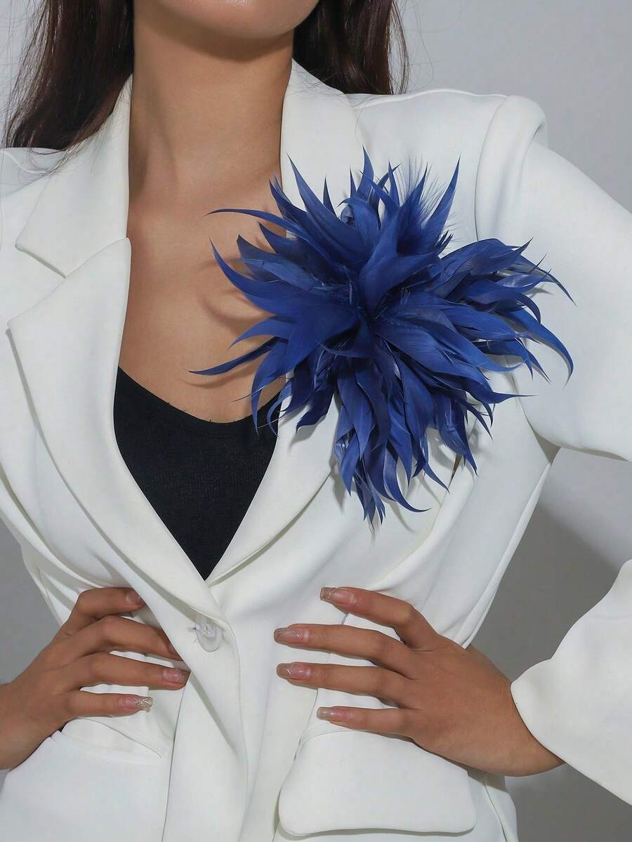 1件酷炫優雅藍色蓬鬆風格胸花/胸針，吸睛裝飾配件，適合女性通勤與晚間活動 - 藍色 - 查看 1