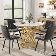 Dining Table Set (5-Piece), Dining Table Set With 4 Chairs, Modern Kitchen Table Set, Round Kitchen Table With 80 Cm Diameter And Gold Metal Legs, White MDF Tabletop, Dark Grey Velvet Dining Chairs - 彩色 - 查看 2