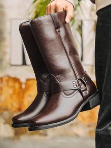 Striped Western Style Microfiber Leather Texture Western Boots Men's Riding Boots Outdoor All Season - Brown - View 1
