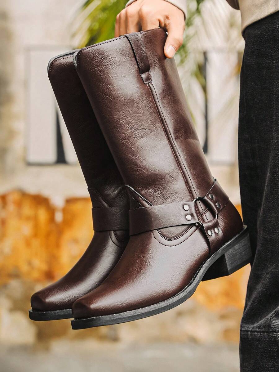 Striped Western Style Microfiber Leather Texture Western Boots Men's Riding Boots Outdoor All Season - Brown - View 1