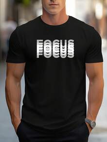 Unisex  Letter Print Crew Neck T Shirt,Essential Items For Fashion Lovers!Gradient FOCUS Design,Super Cool Street Style!Simple And Versatile! - 黑色 - 查看 2