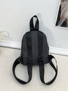 1 pieza Mochila escolar de poliéster a cuadros con cierre de cremallera para niñas, adecuada para uso diario escolar en primavera/verano - Blanco y Negro - Ver 5
