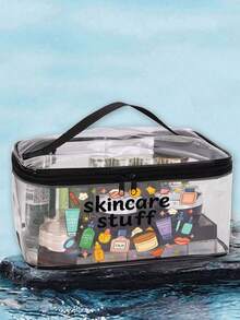 「Skincare Stuff」字母印花 PVC 化妝包，拉鍊密封 PVC 旅行收納袋，輕量耐褪色化妝盥洗用品袋，適合女性與女孩，TSA 認證便攜式化妝收納盒，易擦拭清潔，適合母親、老師、朋友、護理師等，女性好友禮品袋，學校、度假、旅行必備防水盥洗包 - 彩色 - 查看 3