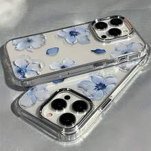 1pc Metal Transparent Personalized Oil Painting 3D Blue Flower Pattern Phone Case Compatible With IPhone 16 Pro Max/17/16/15/14 Plus/13/12/11 Air Protective Shell - Multicolor - View 2