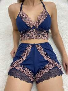 Baby Doll Pijama Cropped Curto Verão Dormir Mini Doll Luxo Bicolor - Azul Marinho - Visão 8