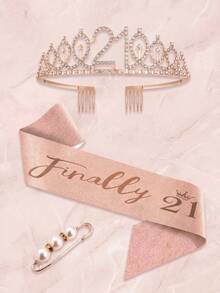 3rd To 100th Milestone Birthday Tiara & Sash Set With Pearl Brooch, Rose Gold Crystal Crown, Birthday Party Decorations Gift For Women & Girls - Multicolor - View 34