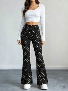 Women's High Waist Sports Flared Pants, Tummy Control Black & White Polka Dot Print Elastic Long Pants Fall - Black and White - View 5