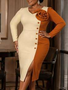 Women Plus Size Color Block Bodycon Dress V Neck Long Sleeves 3D Floral Button Slit Elegant Church Party Wedding Guest Fall Outfit - Khaki - View 5