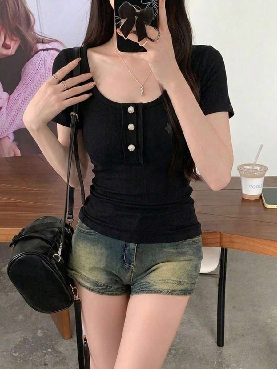 女款拼色短袖T恤,休閒通勤百搭上衣,夏季黑色T恤 - 黑色 - 查看 1