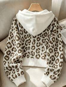 Women's Long Sleeve Leopard Print Hooded Open Front Contrast Color Ribbed Button Short Knit Cardigan Sweater Jacket, Autumn/Winter - Apricot - View 2