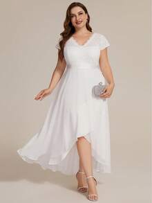EVERPRETTY Plus Elegant Romantic White V-Neck Short Sleeve Bridal Shower Dress,Lace Patchwork Chiffon High-Low Hem Maxi Formal Gown For Wedding,Evening Party - White - View 3