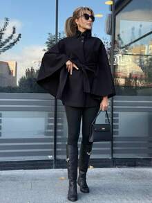 Women's Solid Color Front Button Waist Wool Cape, Casual Date Outfit, Autumn/Winter Black Coat - Black - View 2