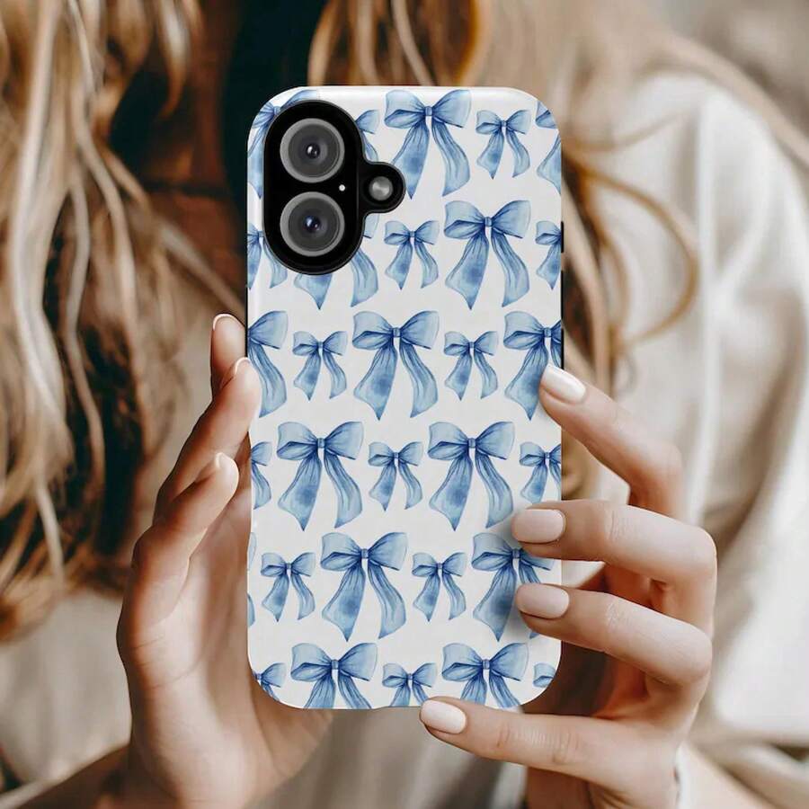 Apple 17 Pro Max Plus Blue Watercolor Bows Phone Case | MagSafe Shockproof Case 23 24 25 26 - 白色 - 查看 1