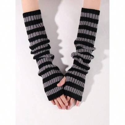 Vertical Ribbed Knit Fingerless Stacked Arm Sleeves, Loose Thermal Casual Winter Decorative Arm Warmers