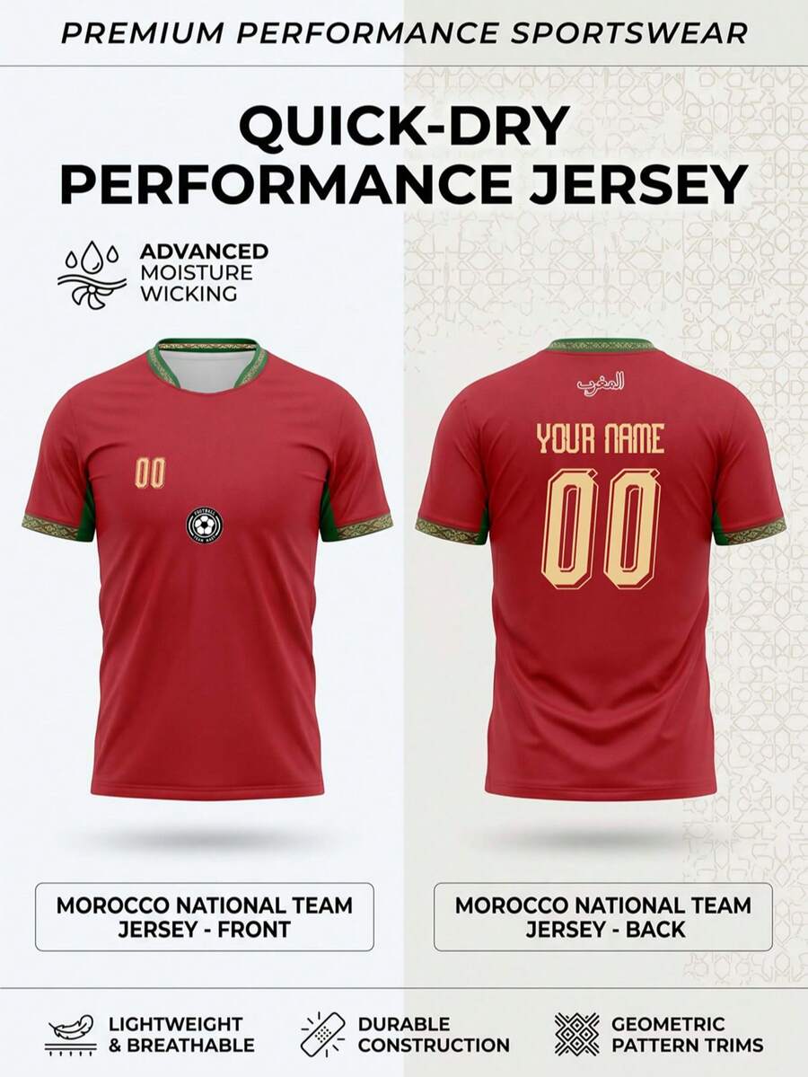 Camiseta de Fútbol Marruecos 2026 Color Burdeos, Base Verde Vintage con Cuello y Puños con Ribete Dorado, Personalizable con Tu Nombre, Número y Logo del Equipo, Material Transpirable de Secado Rápido Cómodo para Partidos de Equipo, Entrenamiento, Deportes, Uso Casual, Apoyo en el Día del Juego, Regalo de Vacaciones, Moda de Temporada Primavera/Verano - Multicolor - Ver 1