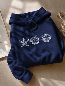 1pc Women's Coastal Style Starfish & Shell Print Drawstring Pullover Sweatshirt, Casual Y2K Comfortable Loose Fit Pullover Sweatshirt, Suitable For Autumn Beach Vacation & Daily Wear - Navy Blue - View 5
