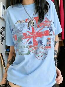 Vintage Union Jack Stamp Collage Oversized Tee, 100% Cotton Breathable, Street Style Casual Wear, Great Gift For Travel & Retro Fashion Lovers - 藍色 - 查看 15